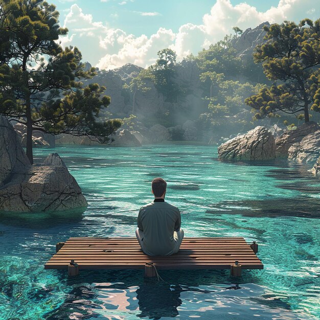 Man sits on dock by azure ocean enjoying natural landscape and coastal views