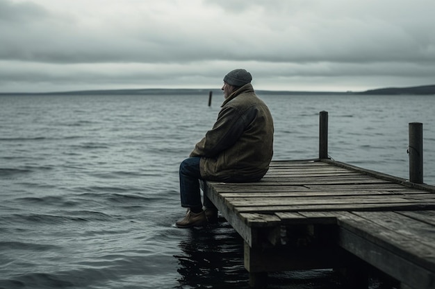 Photo a man sits on a dock in front of a cloudy sky.