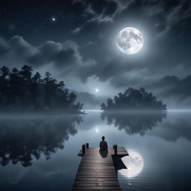 Photo a man sits on a dock in front of a full moon