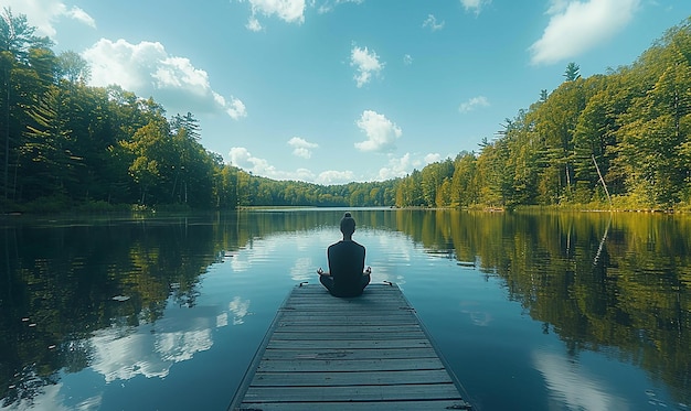 Photo a man sits on a dock in front of a lake with trees and a blue sky with clouds