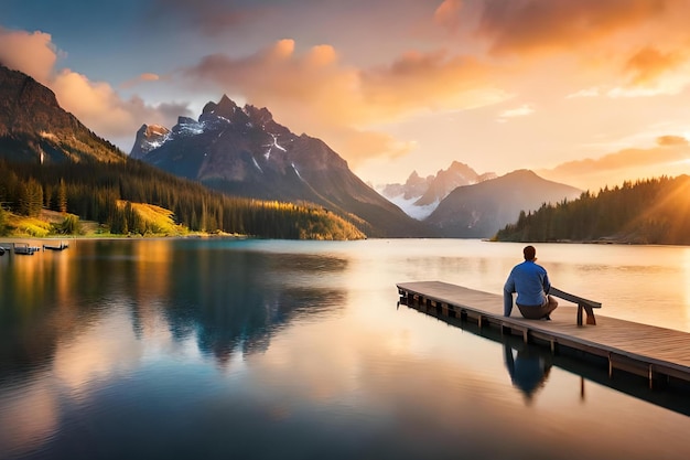 A man sits on a dock in front of a mountain at sunset.