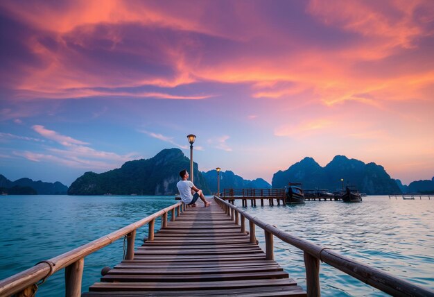 a man sits on a dock in front of a mountain with mountains in the background