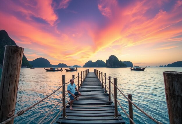 a man sits on a dock in front of a sunset