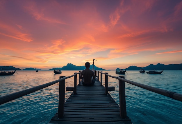 a man sits on a dock in front of a sunset