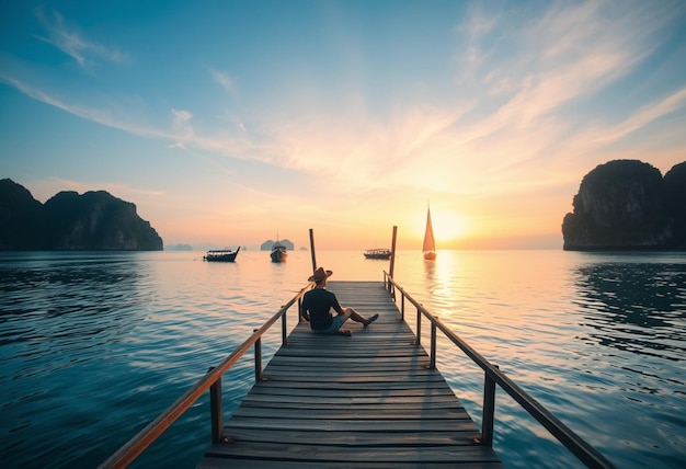 a man sits on a dock in front of a sunset