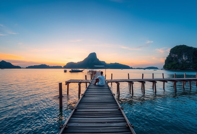 a man sits on a dock with a boat in the background