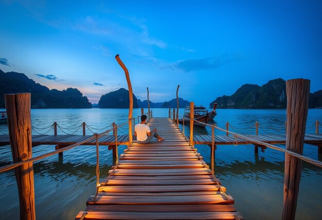 a man sits on a dock with a boat in the background