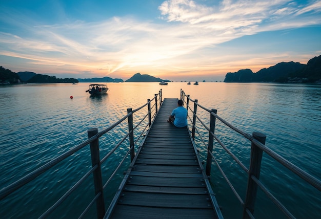 a man sits on a dock with a boat in the water