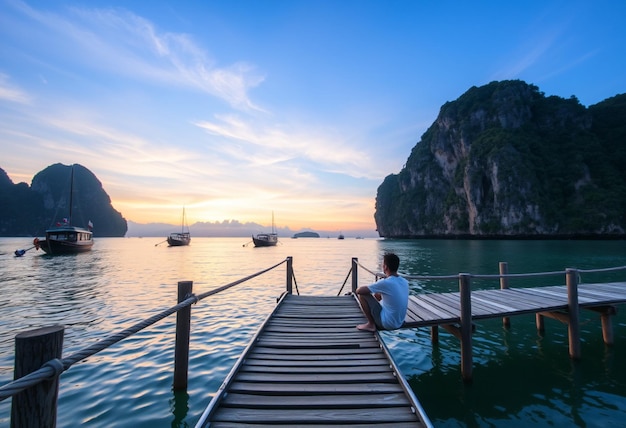 a man sits on a dock with boats in the background