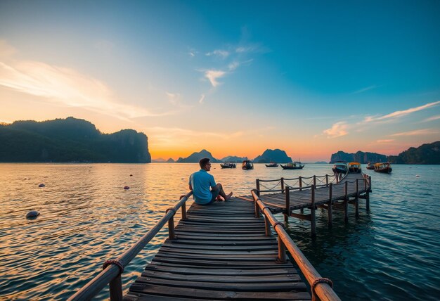 a man sits on a dock with boats in the background