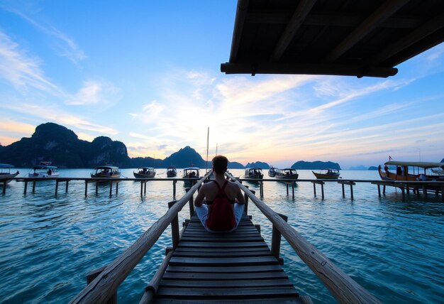 Photo a man sits on a dock with boats in the background