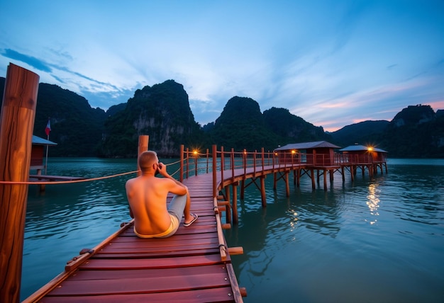 Photo a man sits on a dock with a book in his hand and the word  no