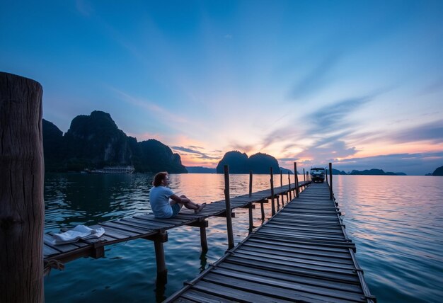 a man sits on a dock with a sunset in the background