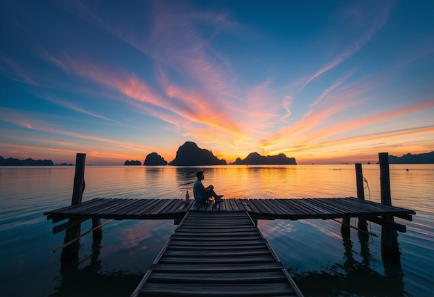 Photo a man sits on a dock with a sunset in the background