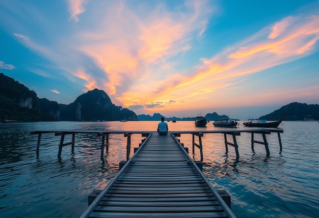 a man sits at a dock with a sunset in the background