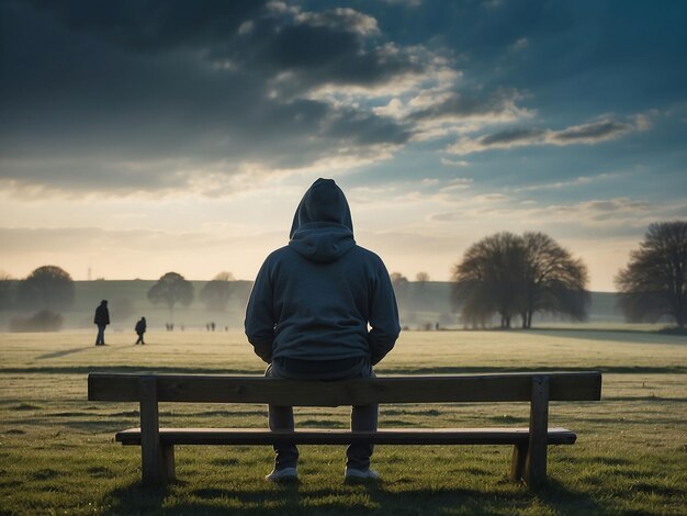 A man sits on the edge of a field wearing a hoodie on a winter morning