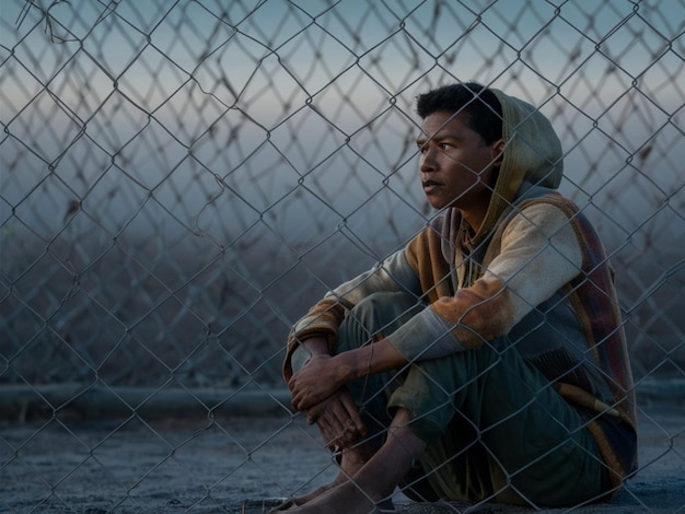 Photo a man sits on a fence with a chain link fence