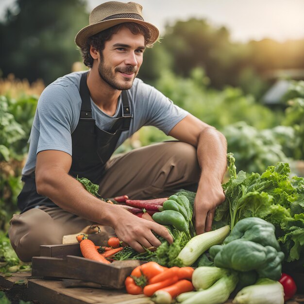 a man sits in a field of vegetables with a hat on his head