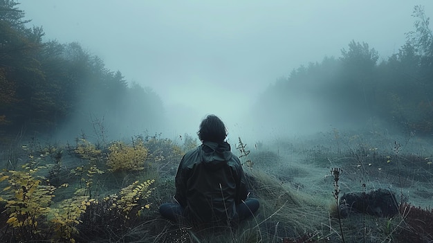 a man sits in a field with a forest in the background