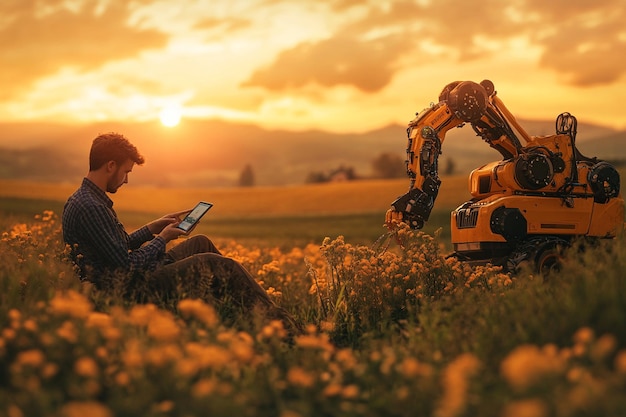 Photo a man sits in a field with a robot and a robot in the background