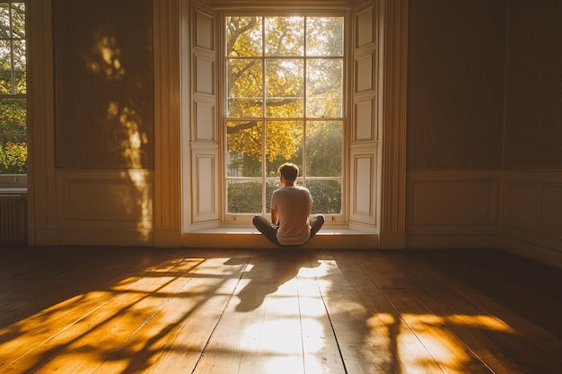 Photo a man sits on a floor in front of a window with the sun shining through the window