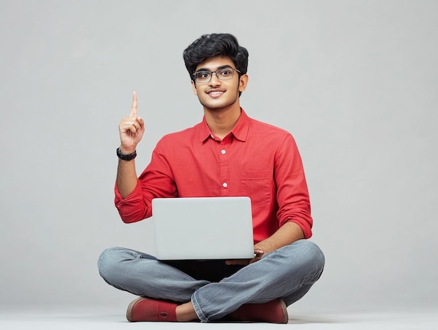 a man sits on the floor and holds up a laptop ai generated