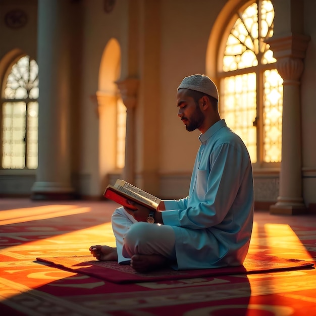 Photo a man sits on a floor reading a book