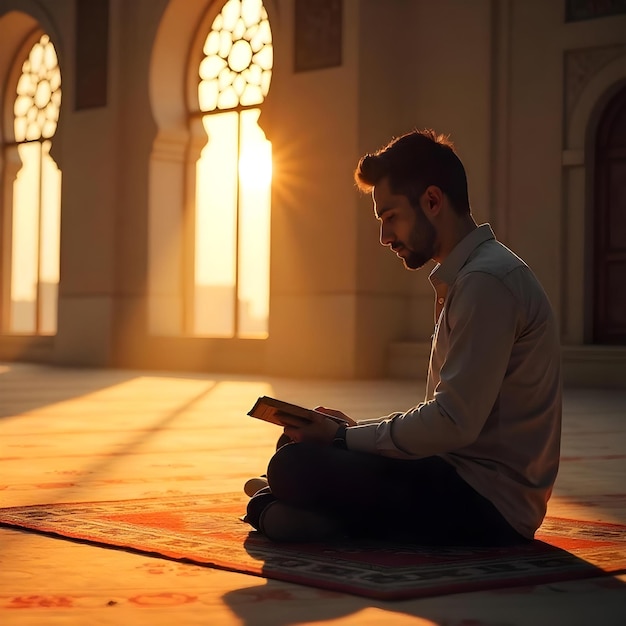 a man sits on a floor and reads a book