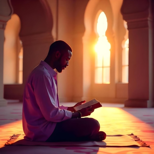 Photo a man sits on a floor and reads a book