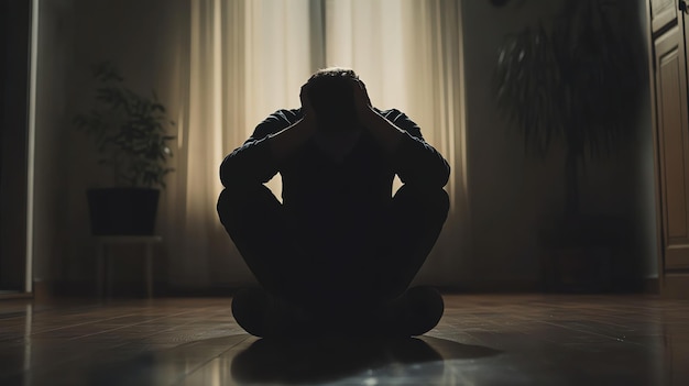 A man sits on the floor with his head in his hands seemingly in distress or sadness