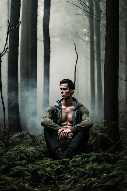 A man sits in a forest with a hoodie that says'the man is wearing a hoodie. '