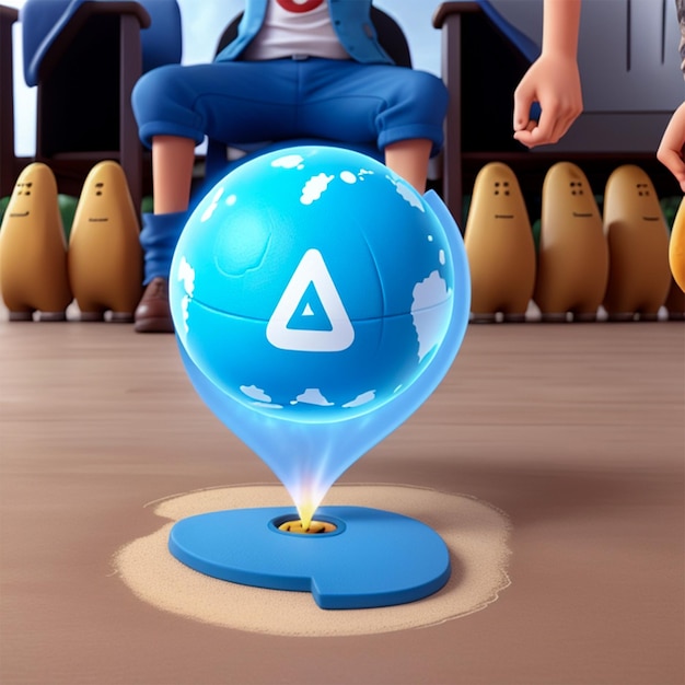 a man sits in front of a blue globe with a white arrow on it