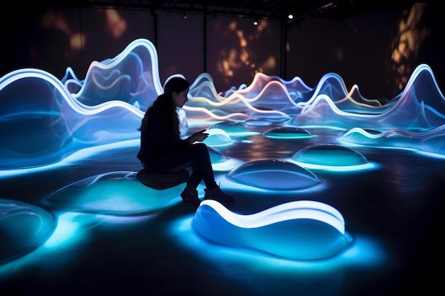 A man sits in front of a blue light that is lit up.