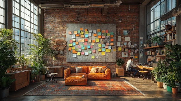 a man sits in front of a brick wall with a wall of postcards on it