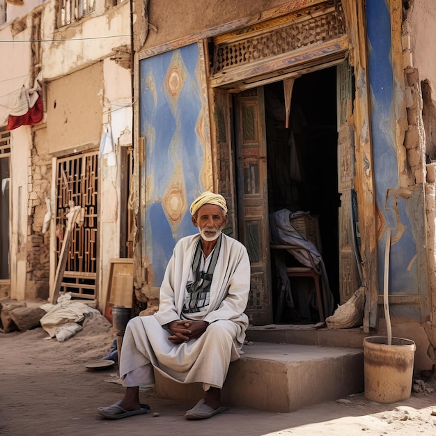 A man sits in front of a building that says quot the word quot on it