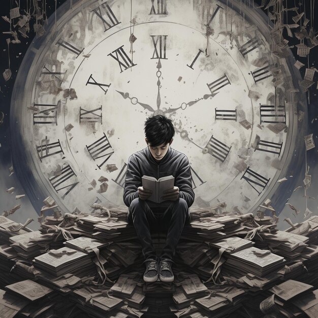 Photo a man sits in front of a clock that says 