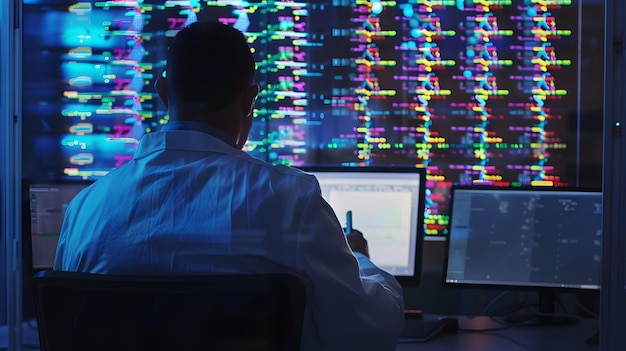 a man sits in front of a computer screen that says quot kawa quot