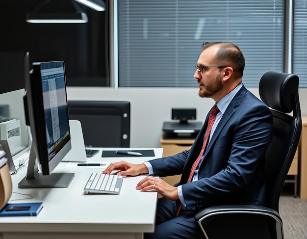 a man sits in front of a computer with a monitor showing a computer screen