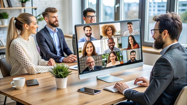 a man sits in front of a computer with a picture of a group of people