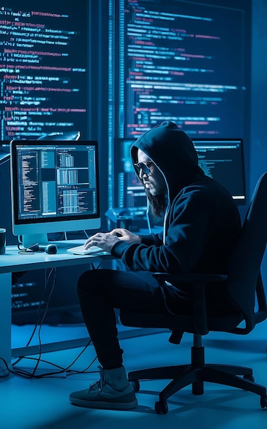 a man sits in front of a computer with the word code on the screen