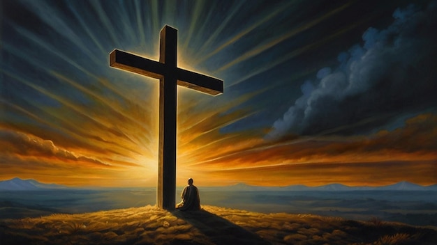 a man sits in front of a cross that has the sun behind him