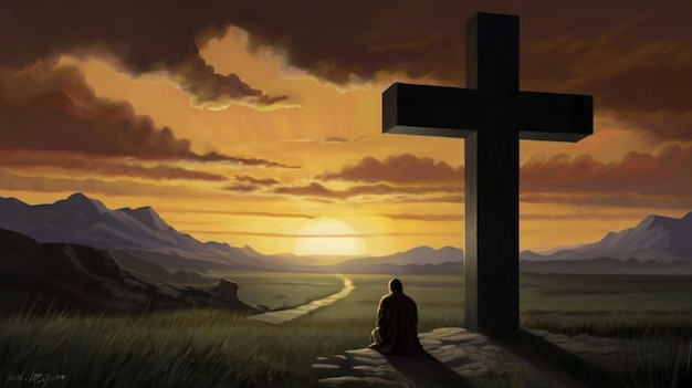 a man sits in front of a cross that has a sunset in the background