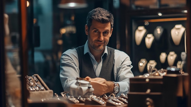 a man sits in front of a display of watches and watches