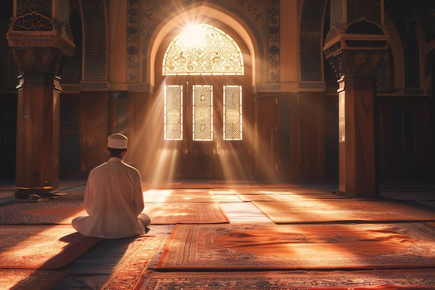 a man sits in front of a door with the sun shining through the window