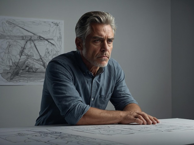 Photo a man sits in front of a drawing of a tree