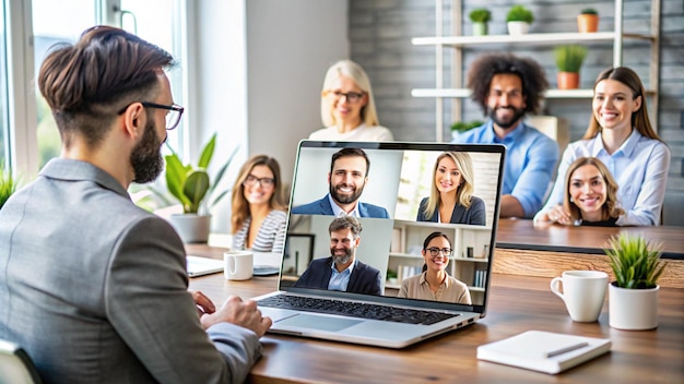 Photo a man sits in front of a laptop with a group of people in the background