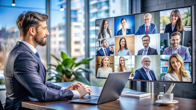 a man sits in front of a laptop with a picture of a man in a suit and tie