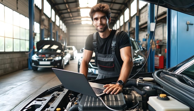 a man sits in front of a laptop