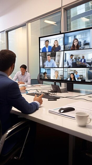 a man sits in front of a monitor that has a lot of people in it