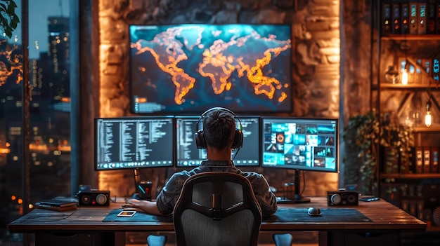 a man sits in front of a monitor with the words quot earth quot on the screen